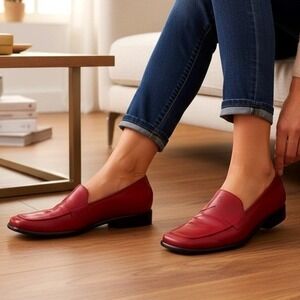 Etienne Aigner Jannie Red Leather Square Toe Loafers Womens Size 9M Slip On